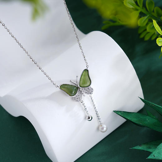 子佩集S925银【翠蝶画境】套链【YL-5424】纯银项链时尚和田碧玉蝴蝶珍珠2503 商品图1