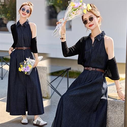 牛仔吊带连衣裙套装，镂空开衫两件套HR-QMC7902 商品图0