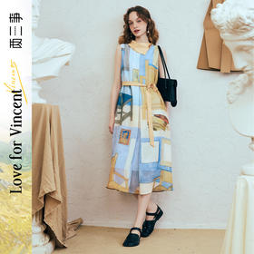 两三事梵高文艺 她的房间 2025夏季新款围巾领印花绑带无袖连衣裙