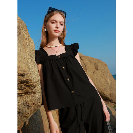 三彩2025夏季新款两件套休闲飞飞袖衬衫套装高腰阔腿裤长裤宽松女 商品图3