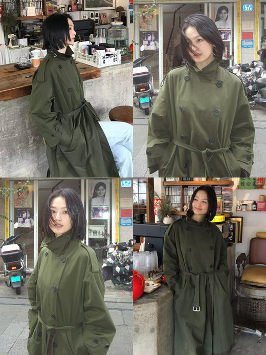 HIDEMI极简设计感色织格纹拼接斗篷式飞行员长款可拆卸腰带风衣女 商品图3