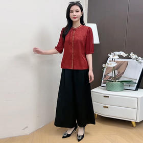 QYMYJ-25DS629-L 2025夏季新款新中式气质优雅中袖小衫垂感宽松阔腿裤妈妈装两件套