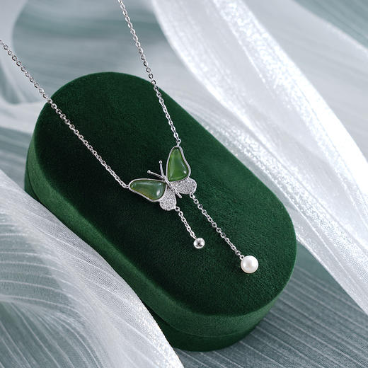 子佩集S925银【翠蝶画境】套链【YL-5424】纯银项链时尚和田碧玉蝴蝶珍珠2503 商品图2