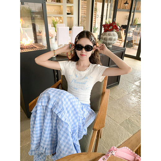 <曾小咸推荐>小清新蓝色格子高腰A字长款半身裙 商品图2