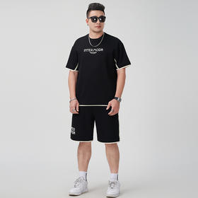 【棉质】【DMH】大依优型大码夏季套装透气短袖短裤两件夏季潮牌印花美式运动宽松大码体恤衫男士