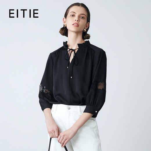 EITIE爱特爱夏季新款气质舒面蕾丝拼接V领黑色衬衫上衣7813515 商品图0