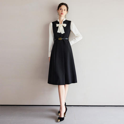 IWY/春季穿搭一整套新款香槟色蝴蝶结长袖衬衫法式黑色连衣裙B522+Q1261 商品图0