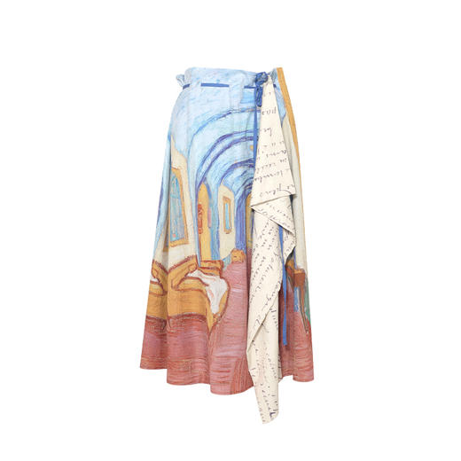 两三事梵高文艺艺术长廊2025夏季新款复古印花抽绳绑带两穿半身裙 商品图4