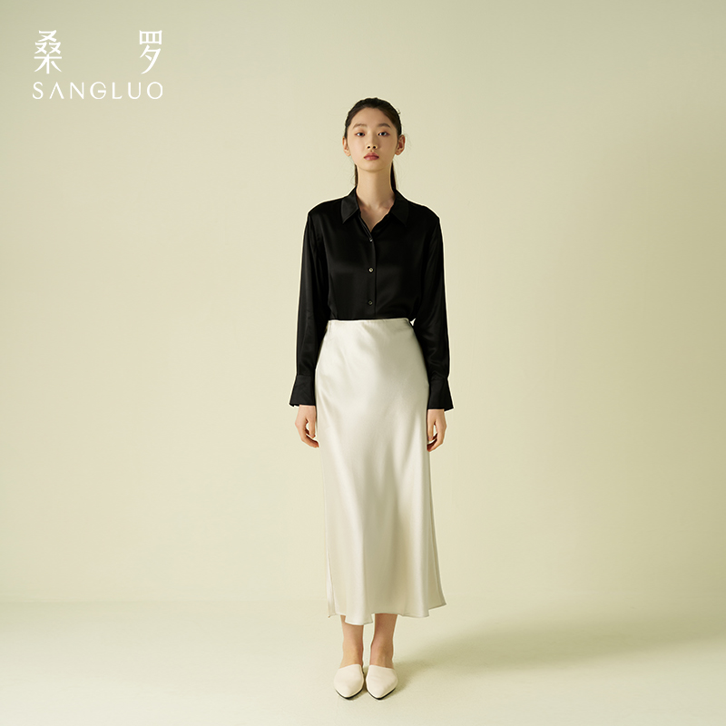 桑罗纯色衬衫女通勤职业简约百搭长袖上衣高级光泽感