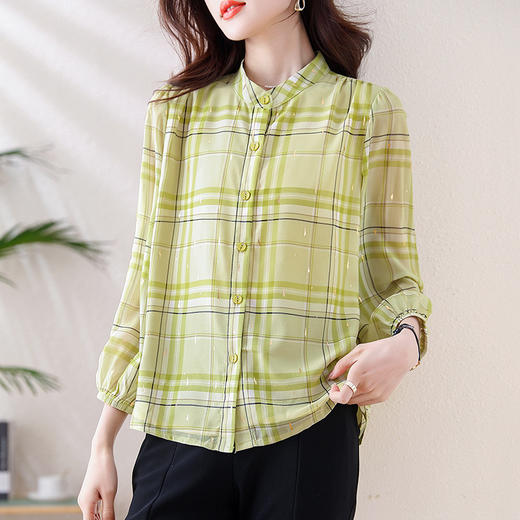 KQL E324N1407时尚桑络丝格子衬衣减龄防晒开衫气质上衣 商品图1