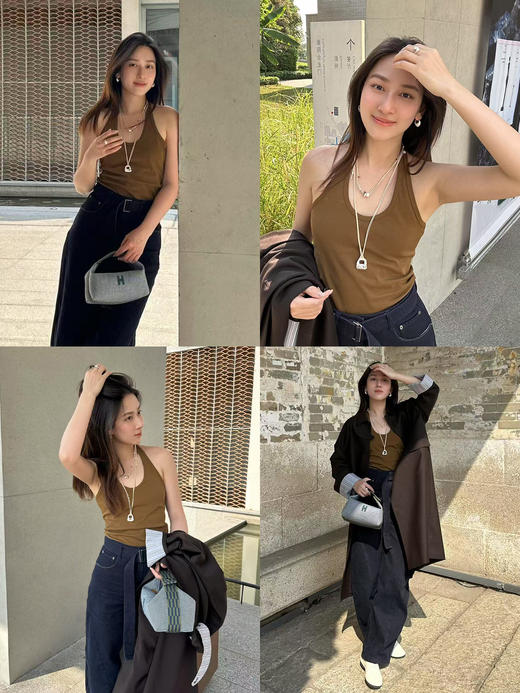 HIDEMI 甄选自然棉超弹坑条螺纹显瘦挂脖式基础款百搭背心 自然白/复古摩卡/奶茶米/高级灰 商品图2