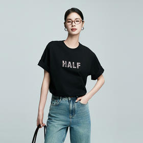 棉仓363601026-初棉斑驳乱针刺绣字母宽松版型重磅T