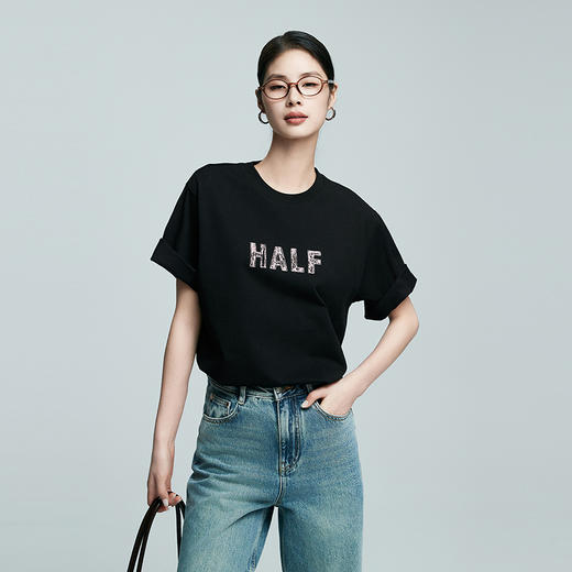 棉仓363601026-初棉斑驳乱针刺绣字母宽松版型重磅T 商品图0