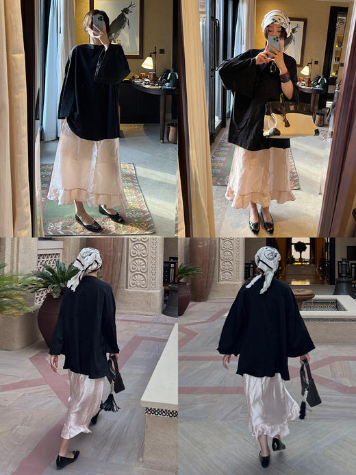 HIDEMI 极简设计感泡泡袖定染柔雾粉桑蚕丝混纺再生纤维廓形感套装 衬衫/半裙 商品图1