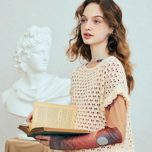 两三事 星芒织序 2025夏季新款小清新花边袖口镂空针织衫女宽松 商品图2