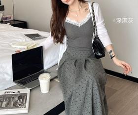 系带小蕾丝花边螺纹显瘦打底背心