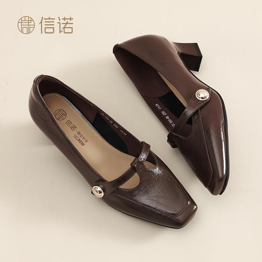 信诺法式气质高跟鞋女款2025新款春夏季舒适粗跟单鞋真皮玛丽珍鞋X5C134-48 商品图3