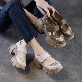 真皮厚底增高松糕女鞋，米色浅口网面透气外穿包头罗马凉鞋ZM258325