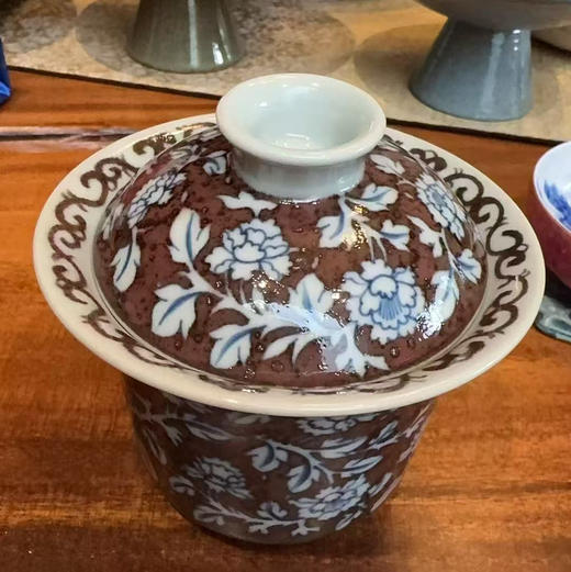 tz 青花混底釉里红牡丹盖碗 商品图0