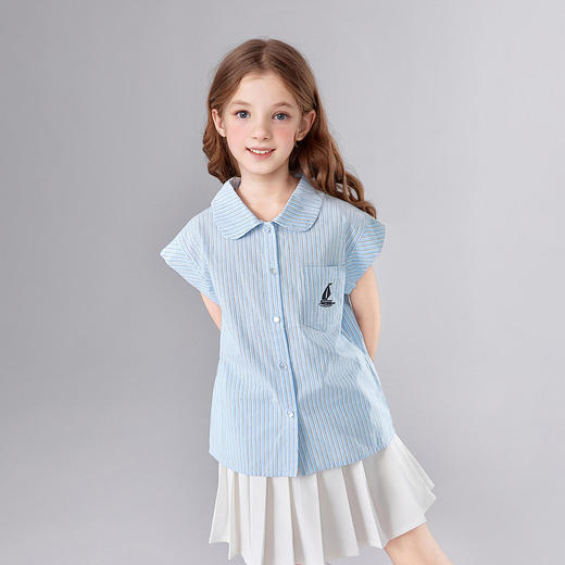 笛莎Deesha 童装女童套装2025夏新款女童休闲度假条纹百褶裙衬衫套装 商品图1