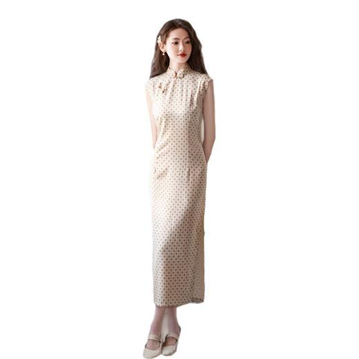 GX复古国风仿麻单层长款无袖旗袍2025夏新款时尚改良新中式格子旗袍 商品图4