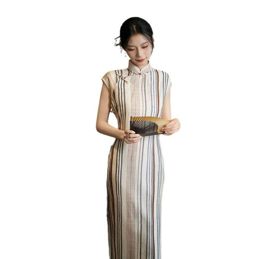 GX全开襟古法绝美棉质旗袍2025夏新款改良少女大气长款国风条纹旗袍 商品图4