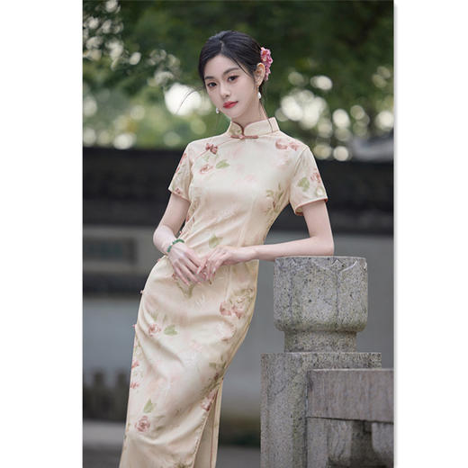 GX复古国风年轻女士长款短袖旗袍2025夏季新款改良中式优雅修身旗袍 商品图0