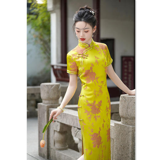 GX复古国风高级感人丝长款黄色送考旗袍2025夏季新款旗袍 商品图2
