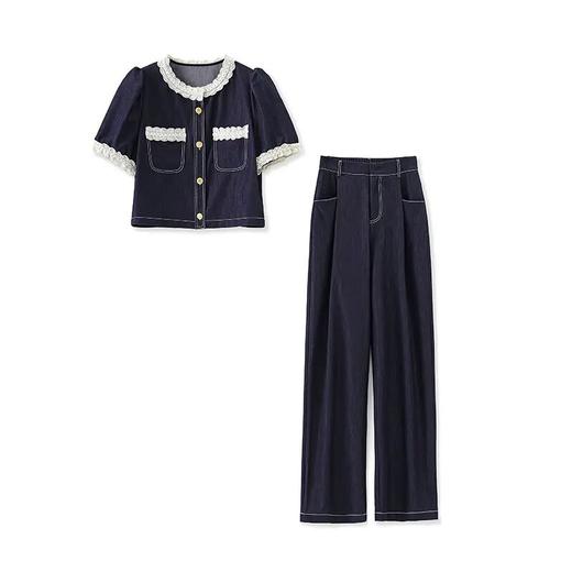 【高货wl】全新升级【铂金会员339/天猫459/差价120】(99415) 洛诗琳时尚花边拼接圆领天丝牛仔上衣休闲阔腿裤女两件套 商品图4