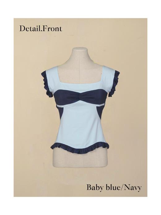 方领贝壳 荷叶边拼色小短袖  深蓝/燕麦 商品图0