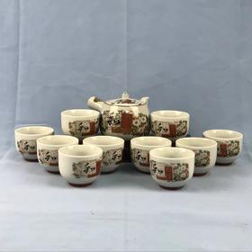 日本九谷美峰鎏金和式彩绘茶具套组 1壶10杯 原盒保留