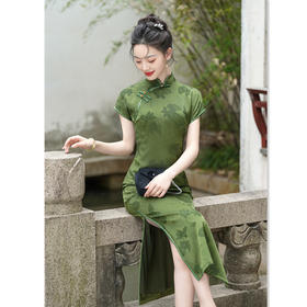 GX绿色高考送考国风中式长款改良旗袍2025年新款女复古修身短袖夏季