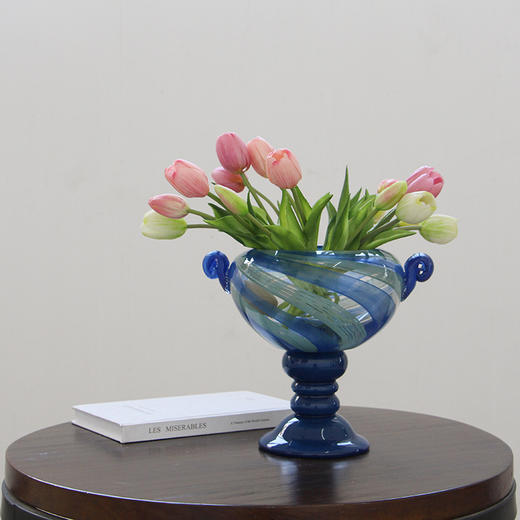 法式中古风蓝条纹带耳高脚风灯玄关柜创意高级感玻璃大花瓶装饰瓶 商品图1