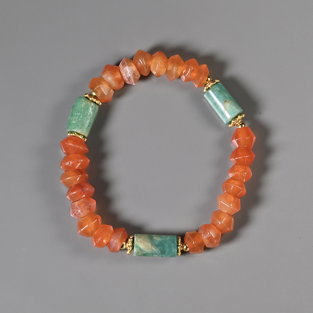 汉代天河石+西亚高古飞碟磨面红玛瑙手串