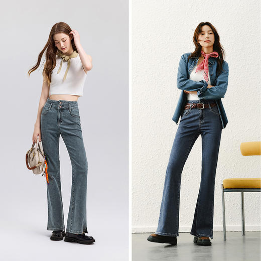 小黑牛|森马牛仔裤女高腰开叉长裤2025春新款森柔牛仔喇叭裤港风 商品图3