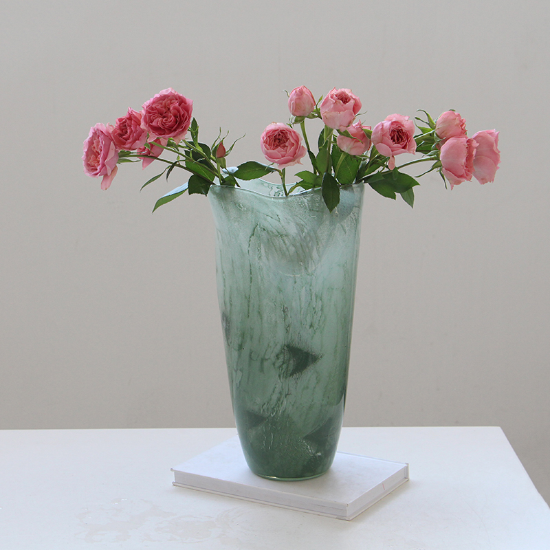 现代简约绿色敞口渐变磁粉玻璃花瓶电视柜餐桌鲜花百合中古风花瓶