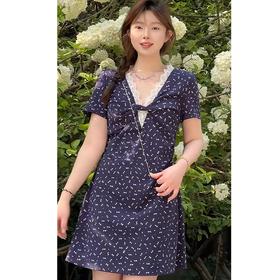 2025新品  软软同款【心动春日】法式碎花显瘦两个版本V领扭结短袖连衣裙