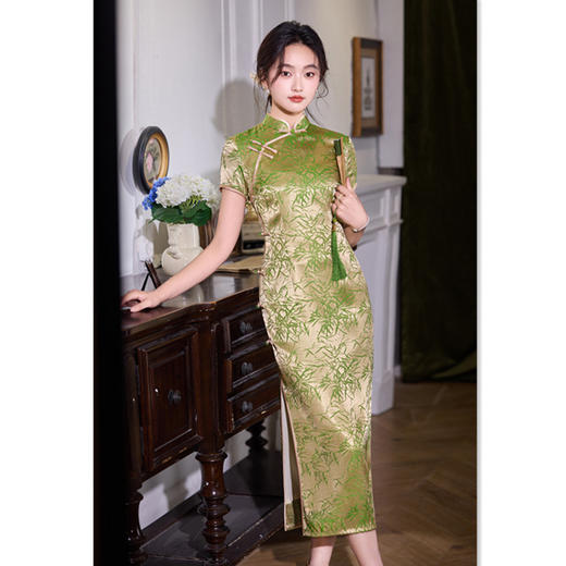 GX复古国风长款绿色送考妈妈旗袍2025夏季新款气质旗袍裙 商品图2