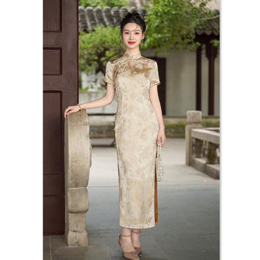 GX复古国风素雅米色长款人丝旗袍2025夏季新款年轻女士新中式旗袍裙 商品图0
