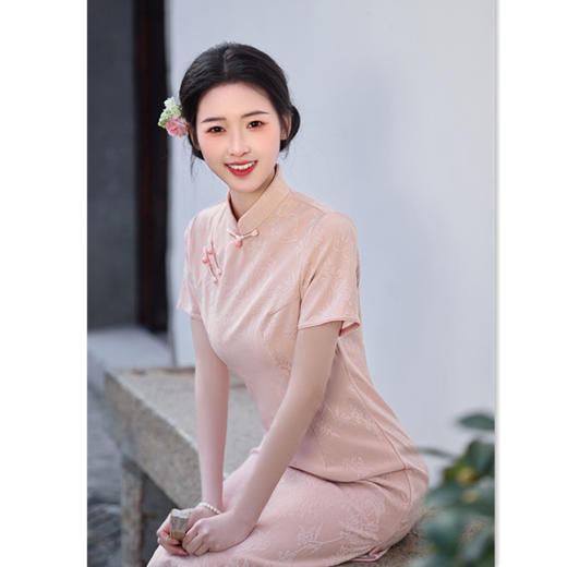 GX新中式粉色提花旗袍女2025年春夏优雅气质新款礼服日常可穿旗袍裙 商品图3