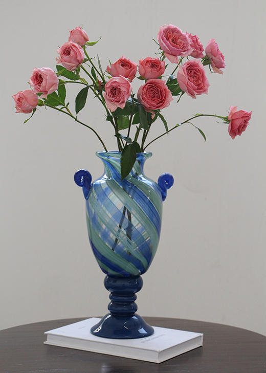 法式中古风蓝条纹带耳高脚风灯玄关柜创意高级感玻璃大花瓶装饰瓶 商品图3