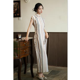 GX全开襟古法绝美棉质旗袍2025夏新款改良少女大气长款国风条纹旗袍