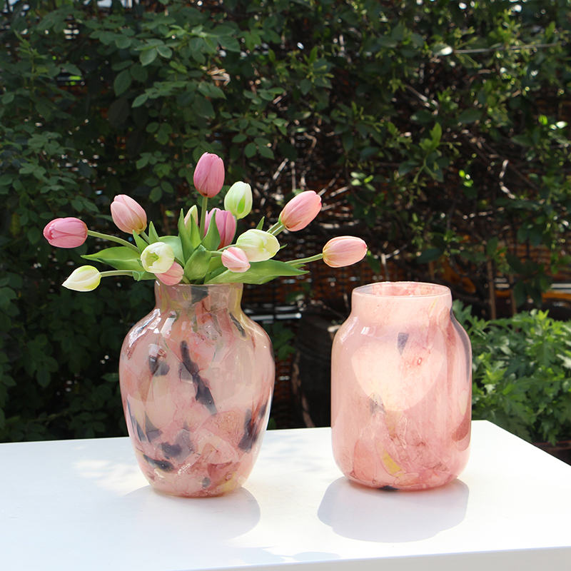 创意粉色絮状星空大理石磁粉花瓶中古风鲜花餐桌台面客厅花瓶