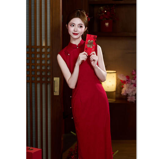 GX新娘红色中式订婚礼服无袖旗袍2025夏新款结婚高级改良旗袍敬酒服 商品图2