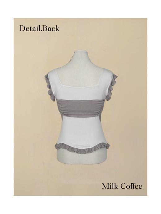 方领贝壳 荷叶边拼色小短袖  深蓝/燕麦 商品图3