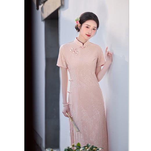 GX新中式粉色提花旗袍女2025年春夏优雅气质新款礼服日常可穿旗袍裙 商品图0