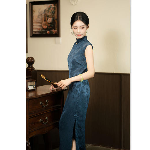GX半开襟蓝色提花复古风无袖旗袍2025年夏季新款日常可穿改良新中式 商品图2