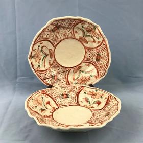 日本纯手工粗陶彩绘不规则形大盘 2枚装 原盒保留