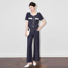 【高货wl】全新升级【铂金会员339/天猫459/差价120】(99415) 洛诗琳时尚花边拼接圆领天丝牛仔上衣休闲阔腿裤女两件套