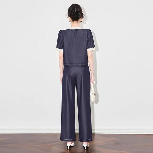 【高货wl】全新升级【铂金会员339/天猫459/差价120】(99415) 洛诗琳时尚花边拼接圆领天丝牛仔上衣休闲阔腿裤女两件套 商品图1